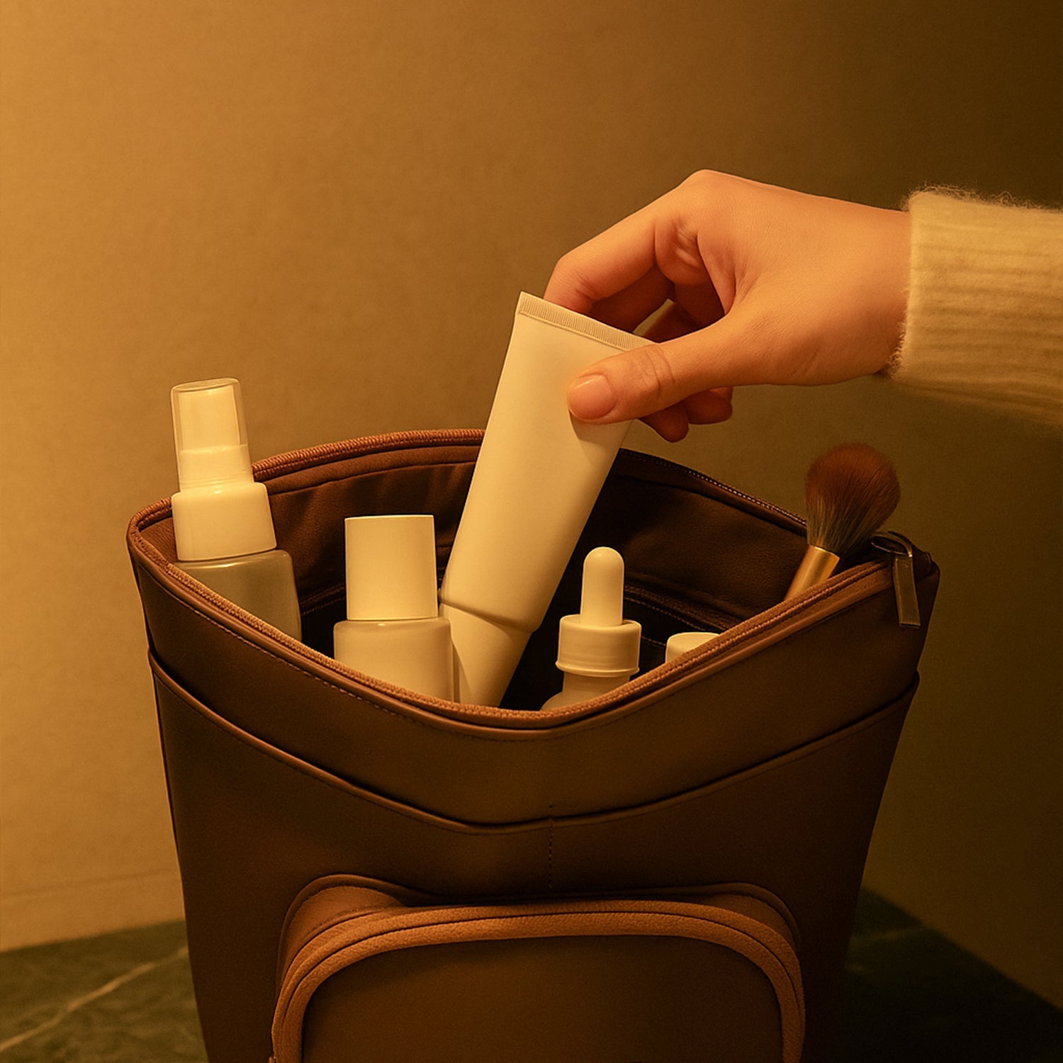 A hand reaching into a brown pouch filled with skincare products and a makeup brush.