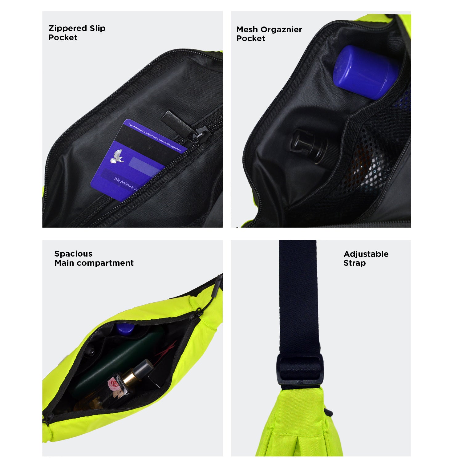 Interior view of The Zuki Lime Green bag showcasing pockets and adjustable strap for smart storage and versatility.