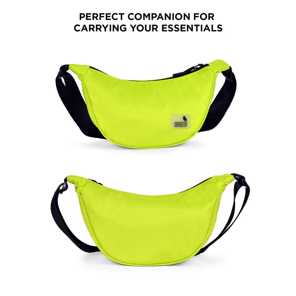 Lime green Zuki side sling bag, perfect for carrying essentials during travel or daily activities.