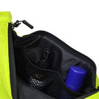 Interior view of The Zuki lime green bag showcasing smart storage for essentials like bottles and more.