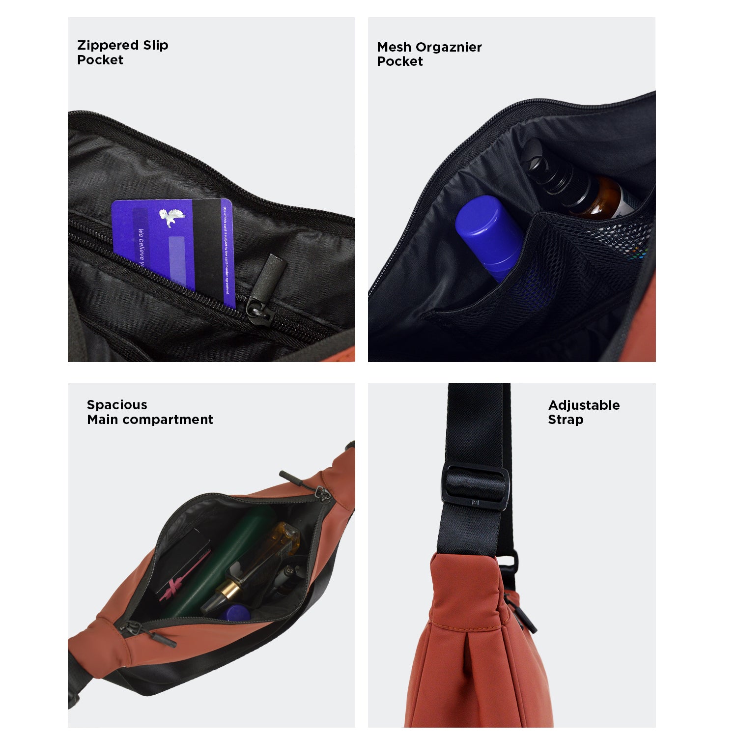 Zuki side sling bag features zippered slip pocket, mesh organizer pocket, spacious main compartment, and adjustable strap.