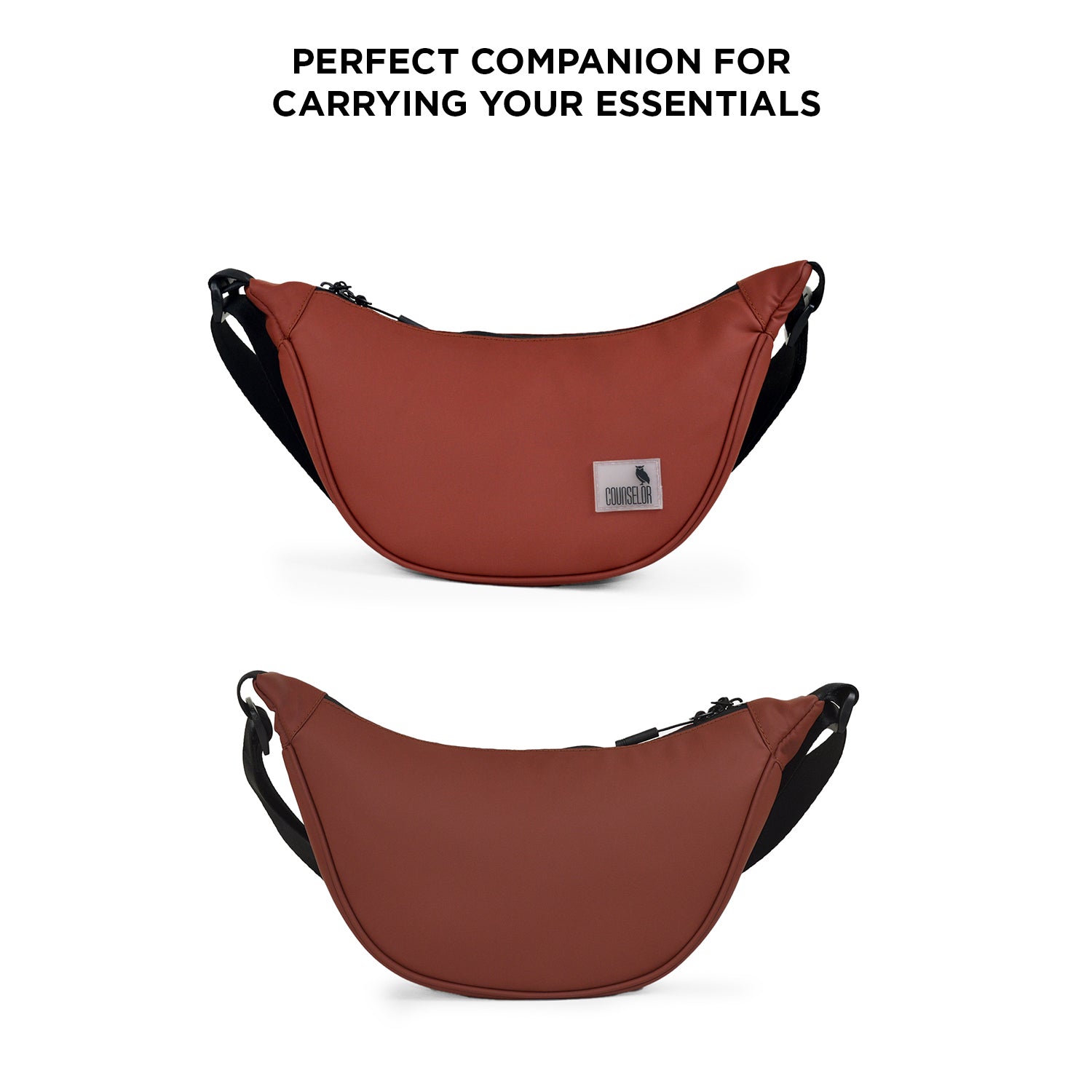 The Zuki rust sling bag showcasing sleek design for carrying essentials comfortably and stylishly.
