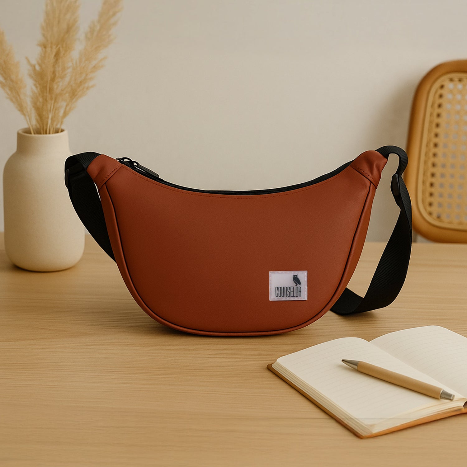 The Zuki rust sling bag on a wooden table, showcasing its sleek design and modern style.