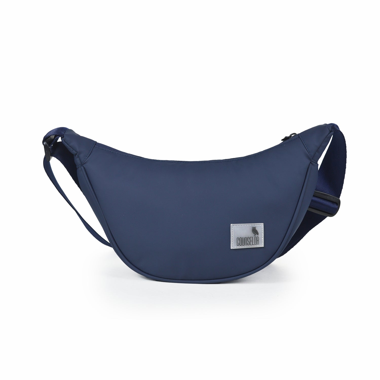 The Zuki navy side sling bag, sleek design for daily use, featuring adjustable strap and compact storage.