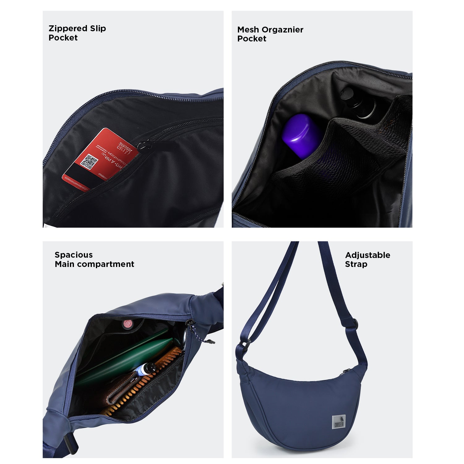 The Zuki Navy bag features a zippered slip pocket, mesh organizer, spacious main compartment, and an adjustable strap.