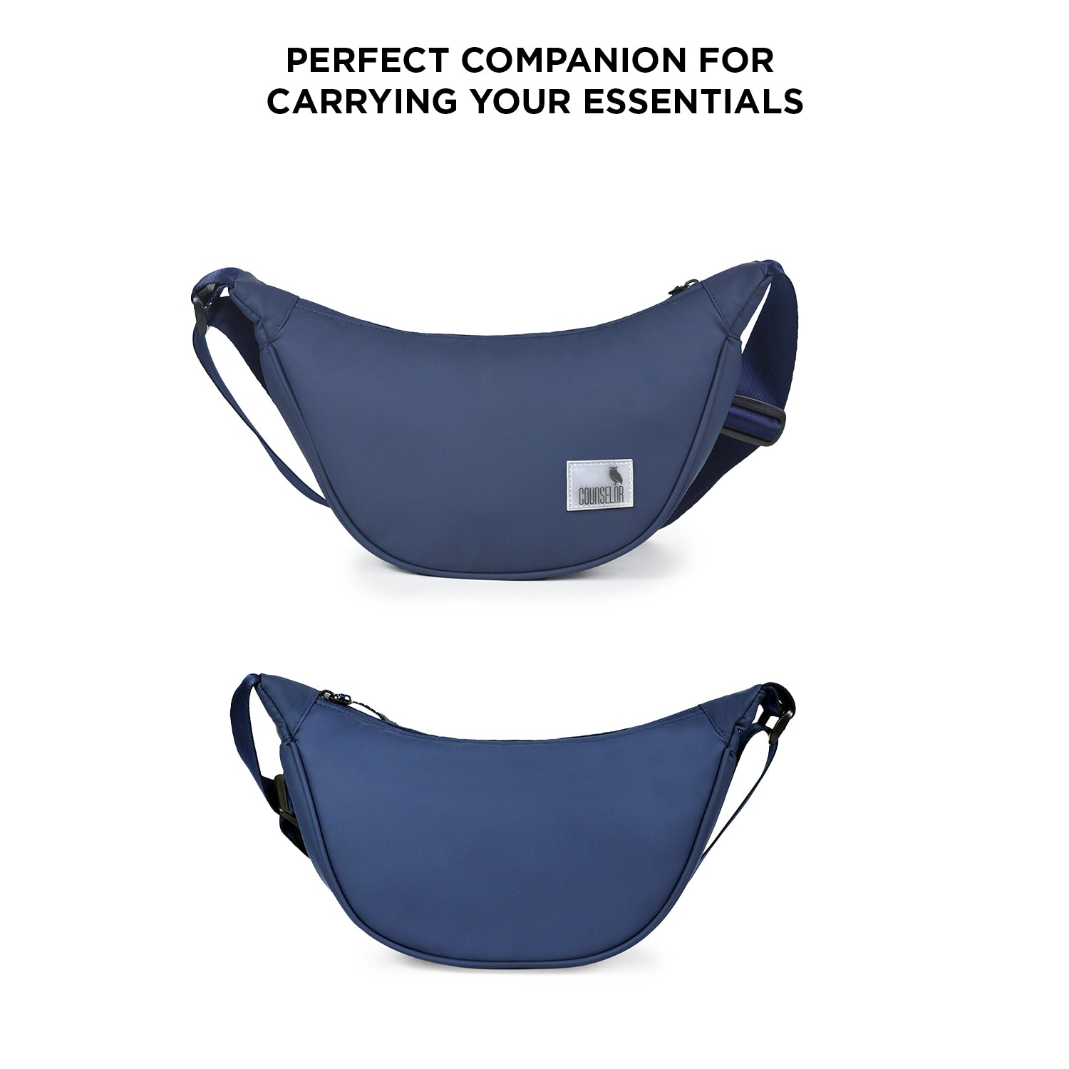 The Zuki navy side sling bag, perfect for carrying essentials with a sleek design and adjustable strap.