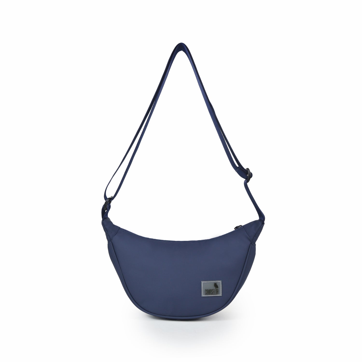 The Zuki navy side sling bag, sleek design, ideal for daily use and travel, featuring an adjustable strap.
