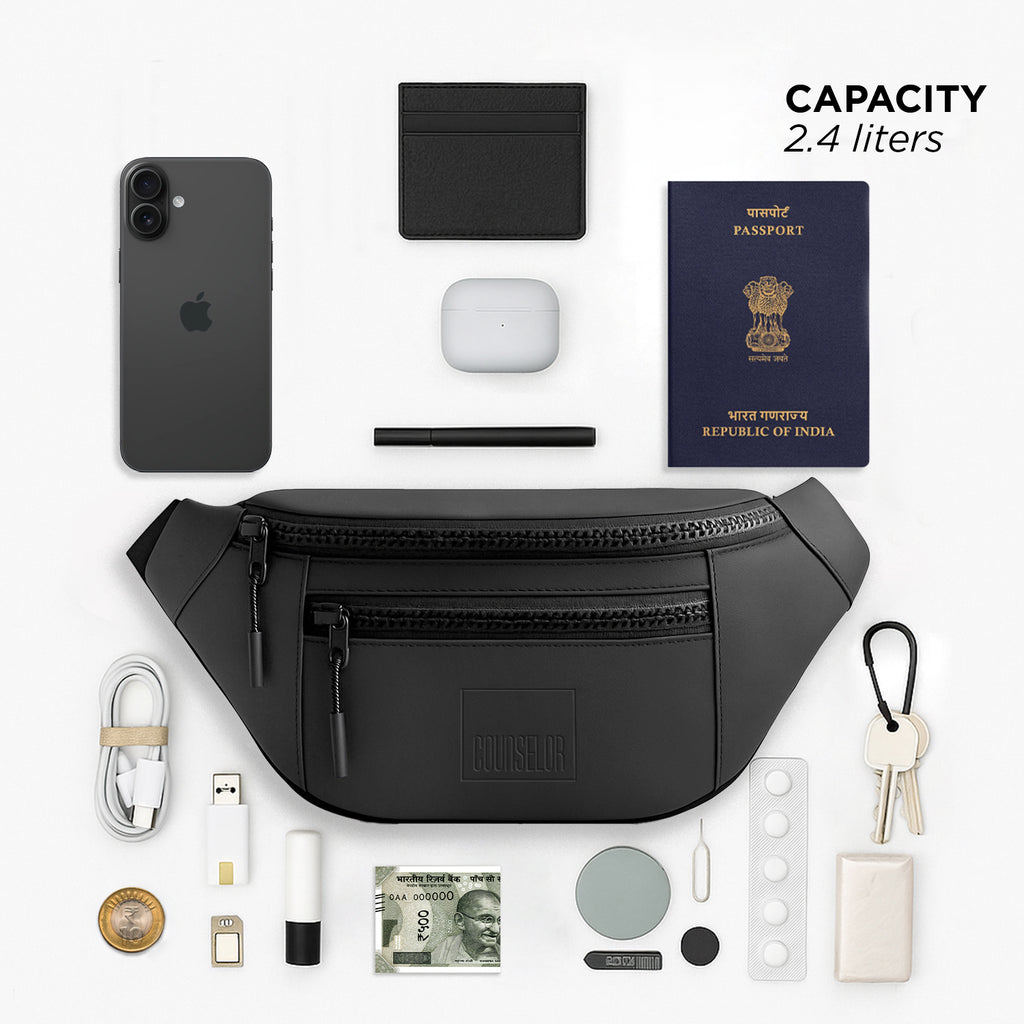 Black color waist bag, vegan leather fanny pack, stylish daily use accessory with 2.4 liters capacity.
