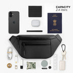 Black color waist bag, vegan leather fanny pack, stylish daily use accessory with 2.4 liters capacity.
