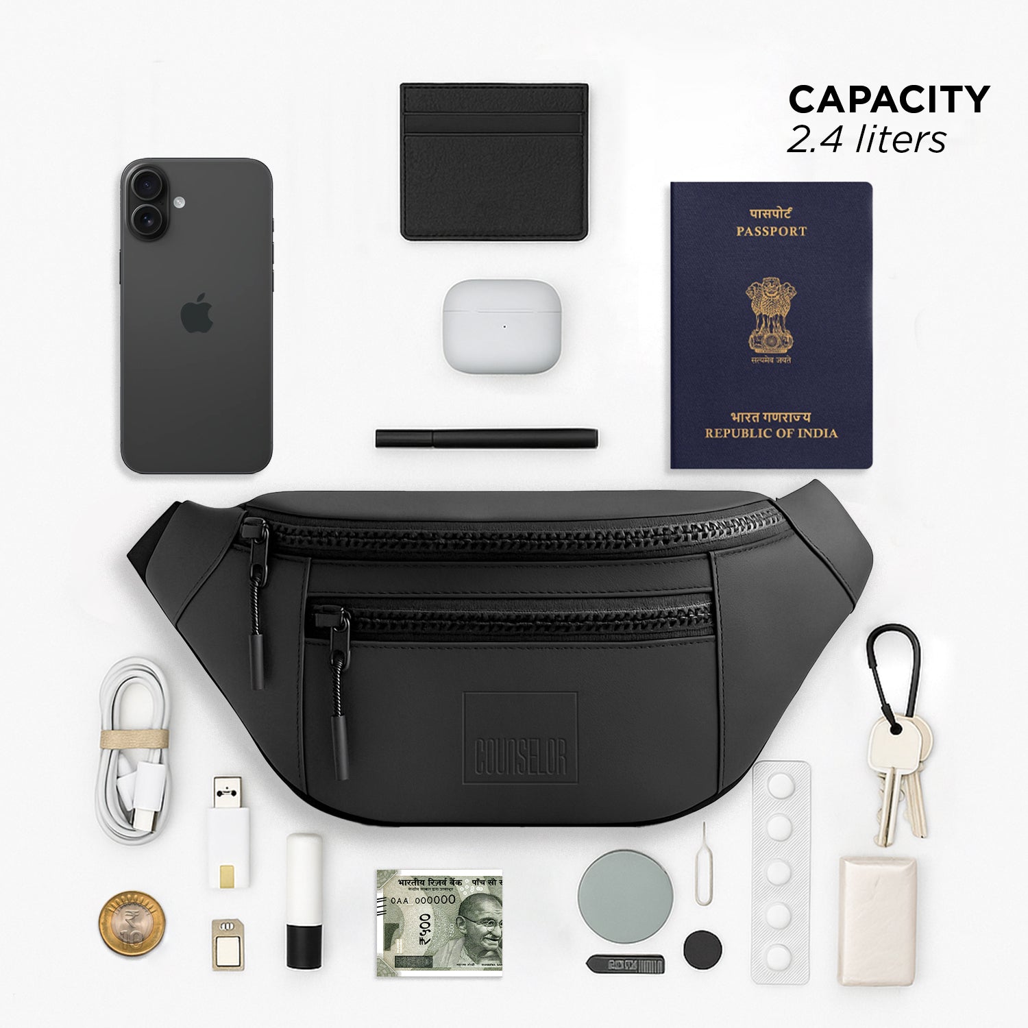 Black color waist bag, vegan leather fanny pack, stylish daily use accessory with 2.4 liters capacity.