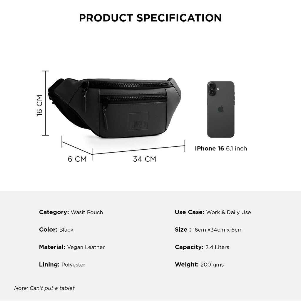 Product specifications for The Blaze black waist bag, a vegan leather fanny pack ideal for daily use.