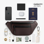 Brown color waist bag, vegan leather fanny pack, stylish daily use accessory with 2.4 liters capacity.