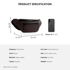 Product specifications for The Blaze brown waist bag, a vegan leather fanny pack ideal for daily use.