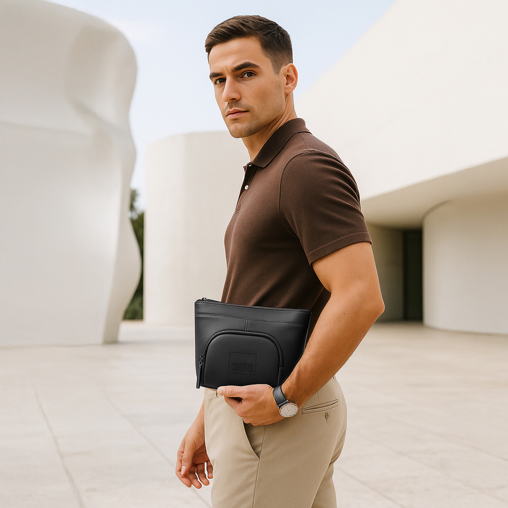 Man holding The Eiko black pouch with minimalist design, showcasing its chic and versatile style.