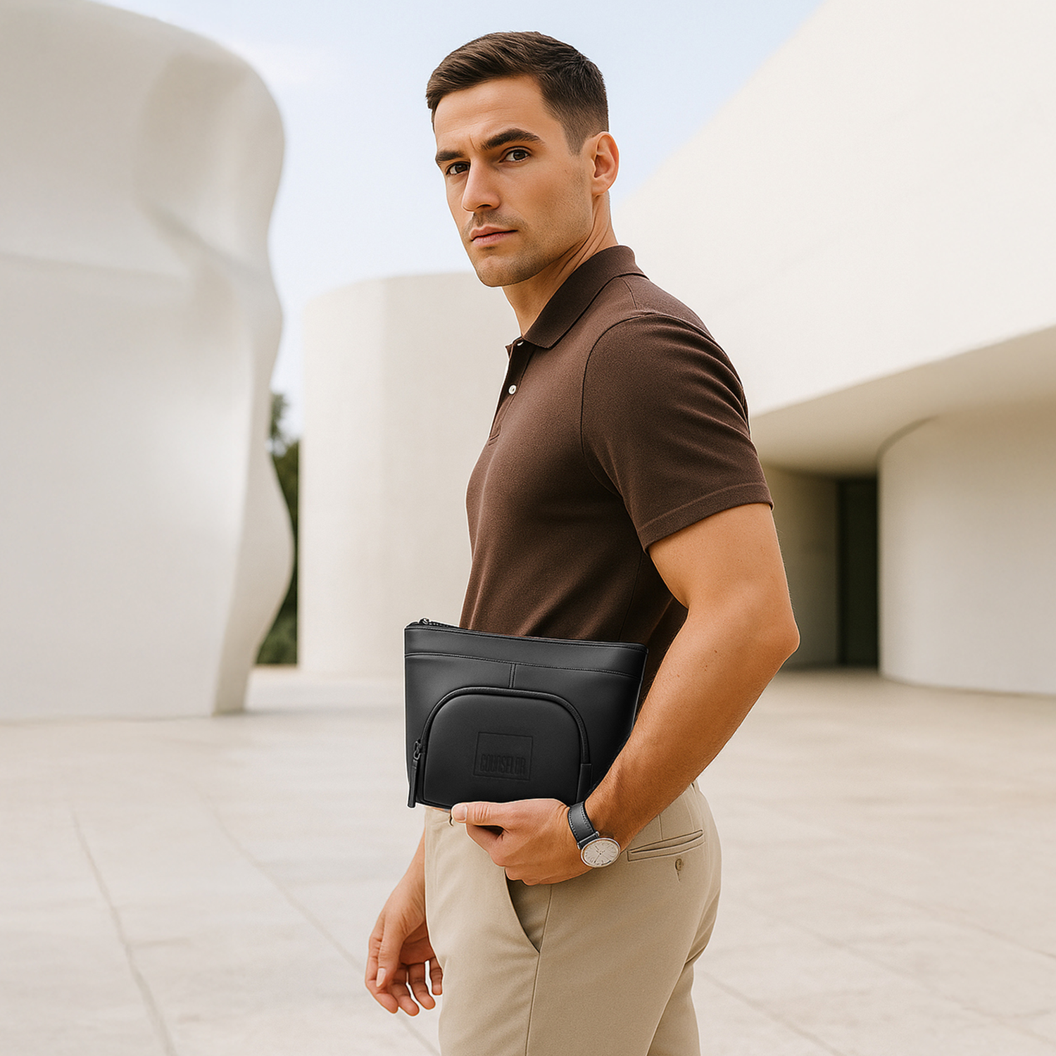Man holding The Eiko black pouch with minimalist design, showcasing its chic and versatile style.