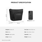 The Eiko black pouch displaying product specifications beside an iPhone 16 for size comparison.