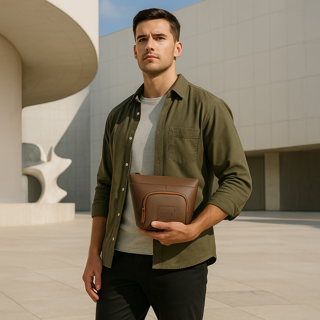 Stylish man holding The Eiko brown pouch, showcasing minimalist design and functional elegance in modern setting.