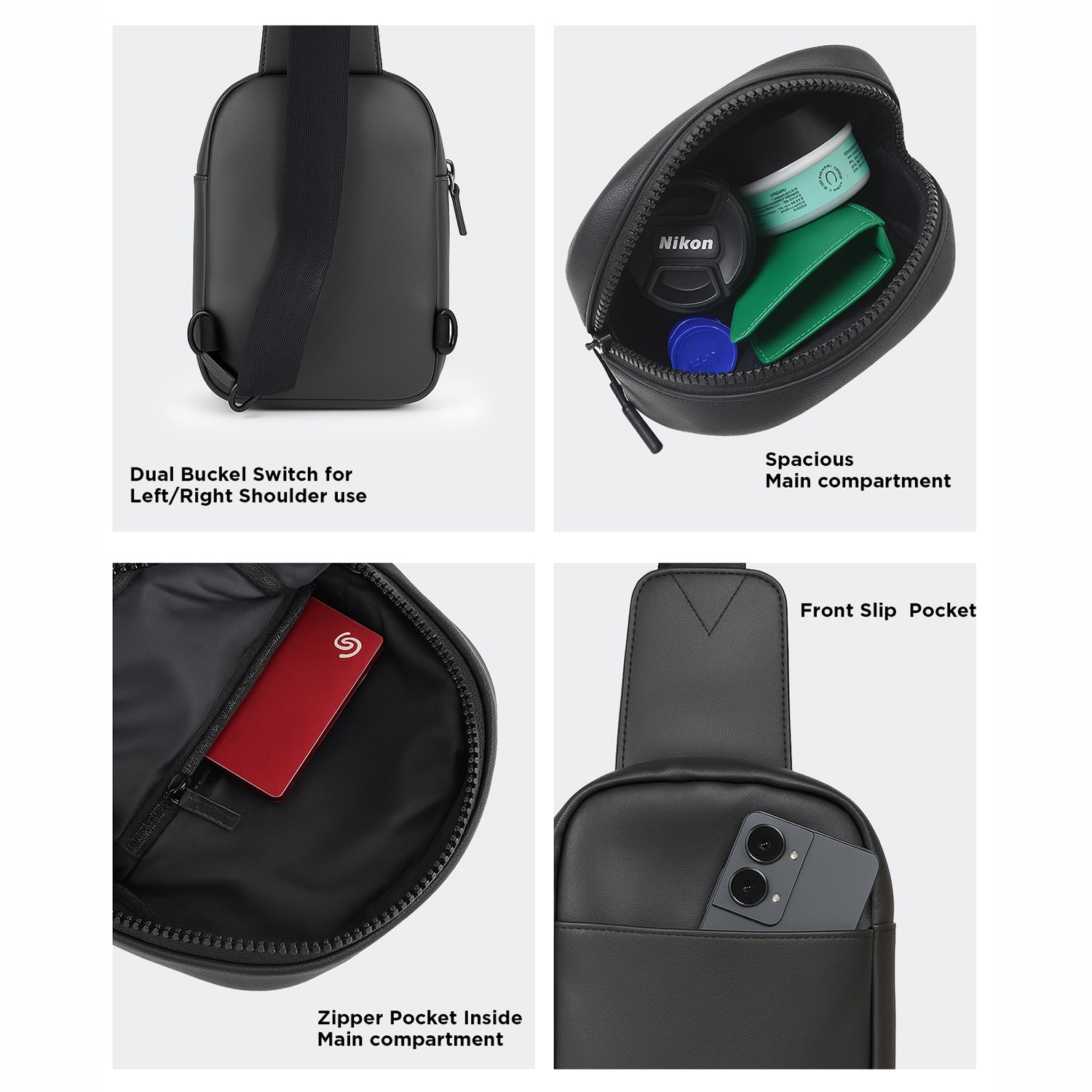 The Kiro Crossbody Bag showcasing dual buckle switch, spacious main compartment, front slip pocket, and inner zipper pocket.