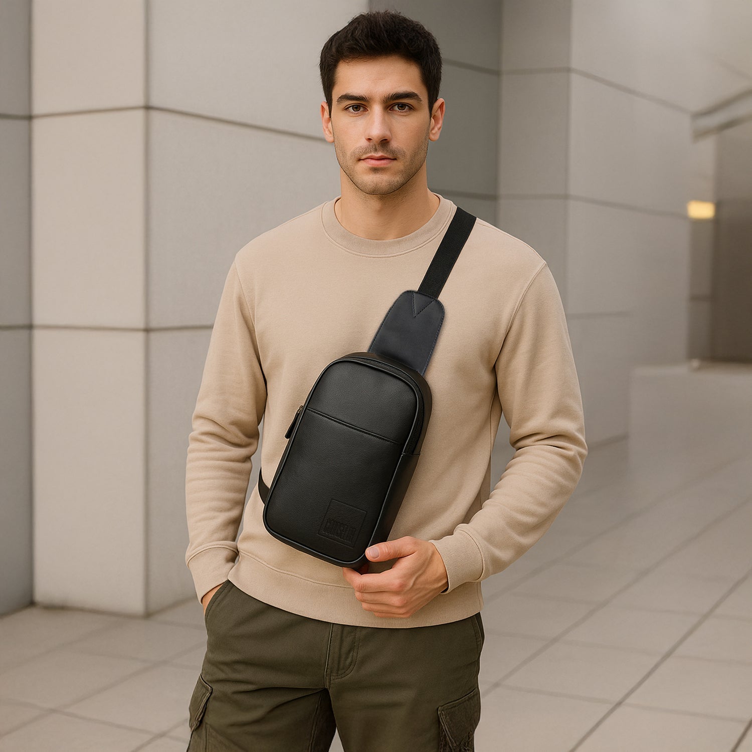 Stylish man wearing The Kiro Black Crossbody Bag in a modern urban setting, showcasing its eco-friendly design.