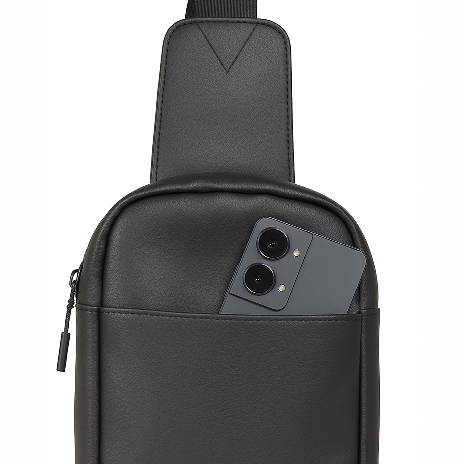 Kiro Crossbody Bag in black with smartphone in front pocket, showcasing stylish and eco-friendly design.