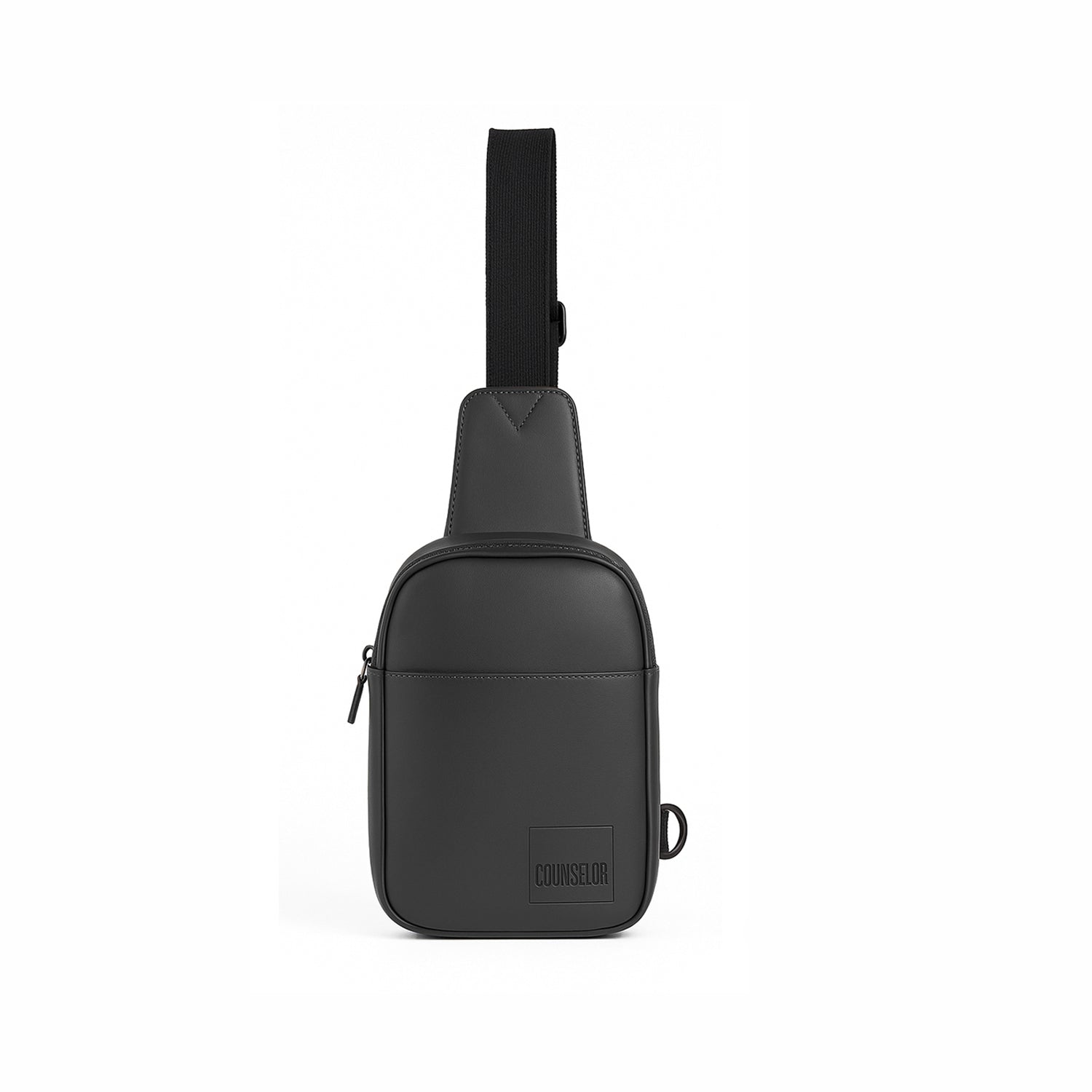 Stylish black crossbody bag made of vegan leather with adjustable strap and zippered pocket.