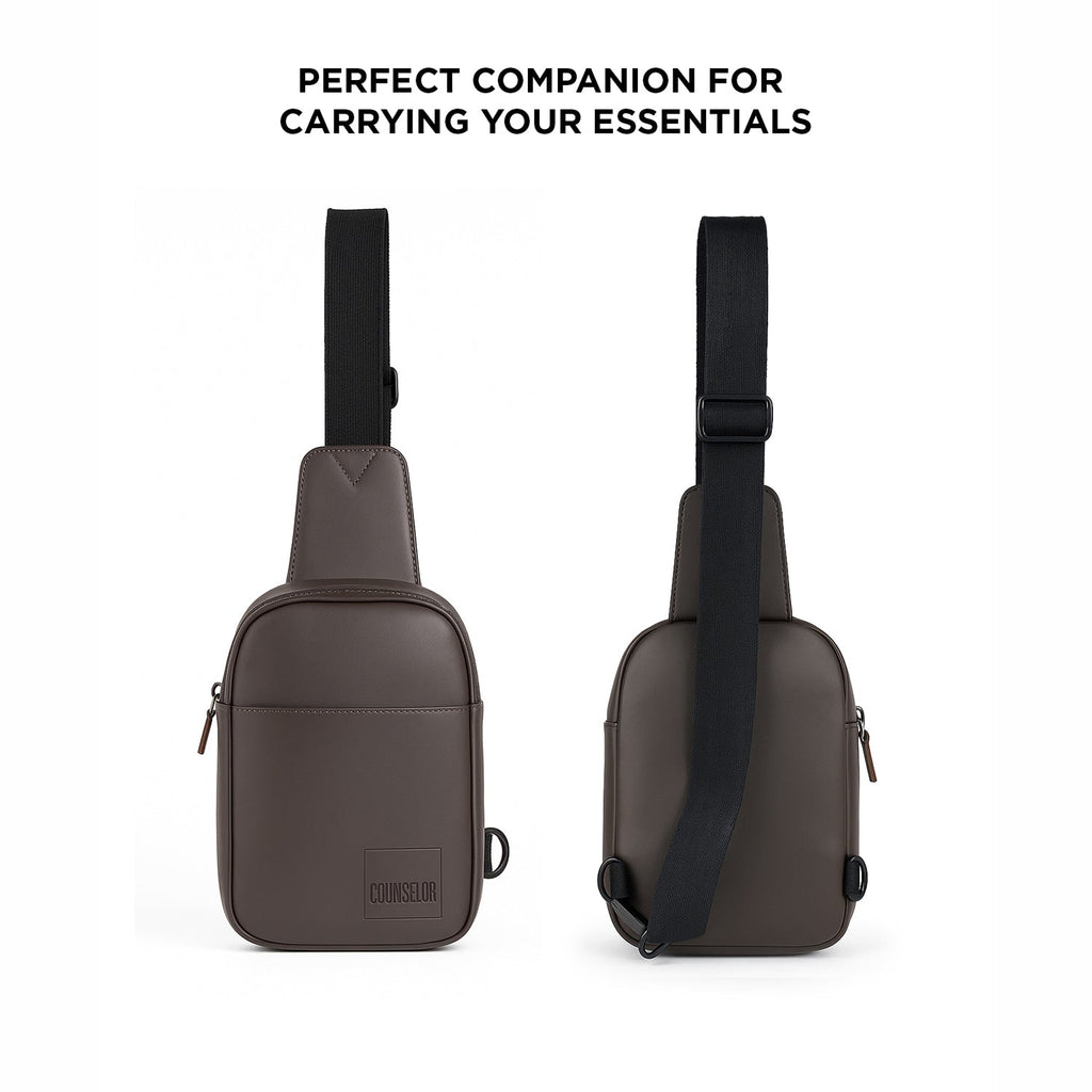 The Kiro Crossbody Bag in brown, showcasing stylish design and adjustable strap for carrying essentials.