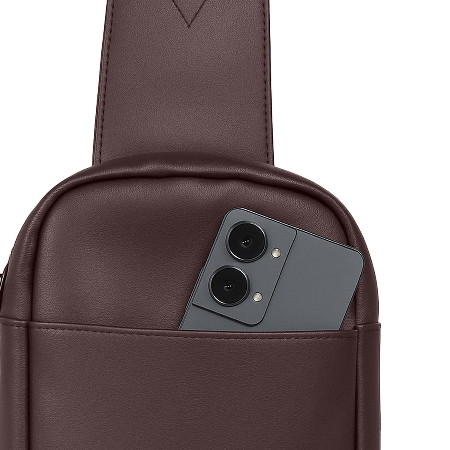 Brown Kiro Crossbody Bag featuring a smartphone in the front pocket, showcasing its stylish and functional design.