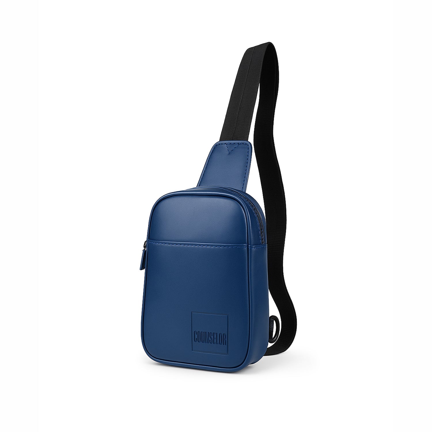 Stylish navy crossbody bag made from vegan leather, featuring an adjustable strap and secure zip closure.