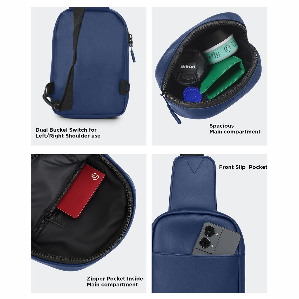 Kiro Navy Crossbody Bag features; dual buckle switch, spacious main compartment, zipper pocket, and front slip pocket.
