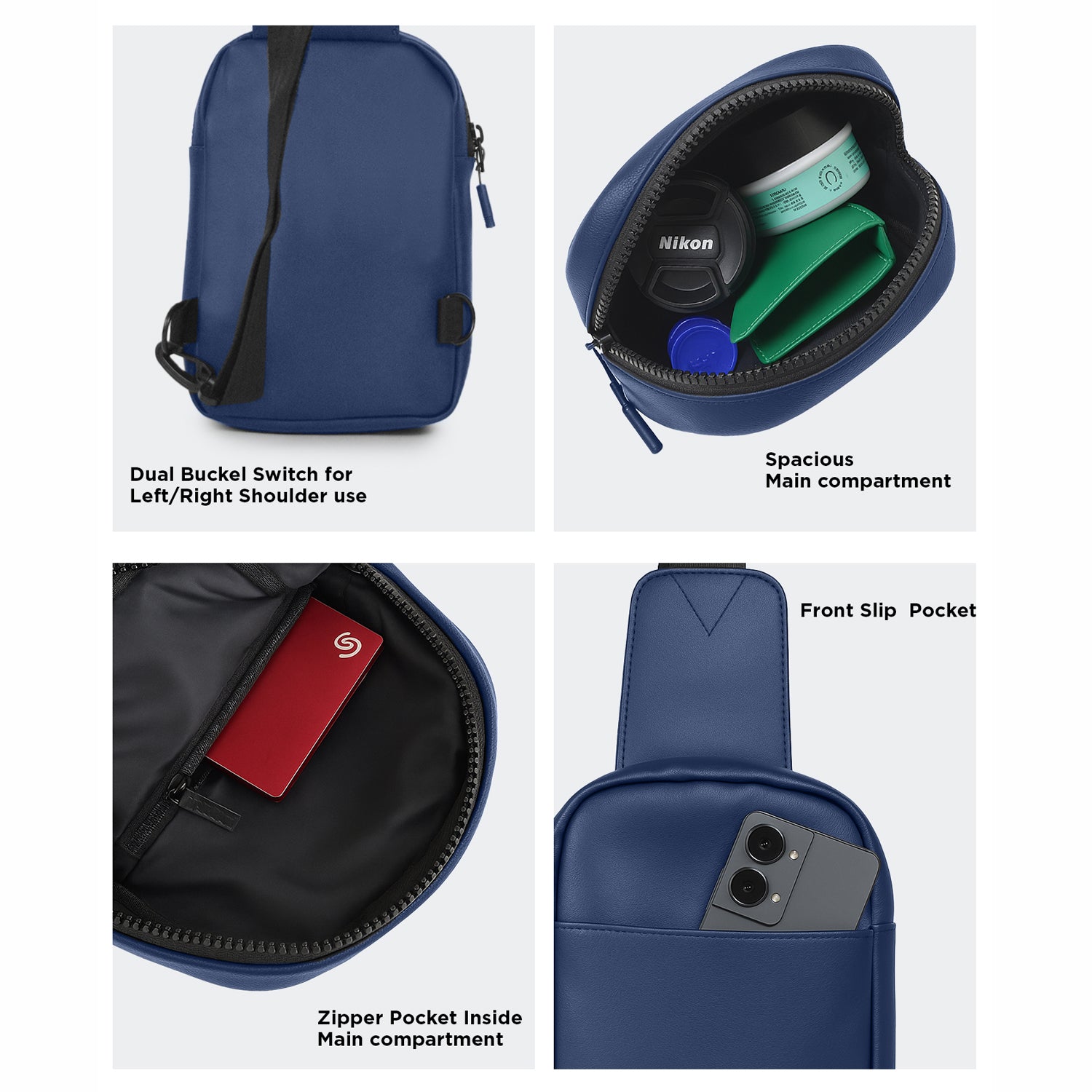 Kiro Navy Crossbody Bag features; dual buckle switch, spacious main compartment, zipper pocket, and front slip pocket.