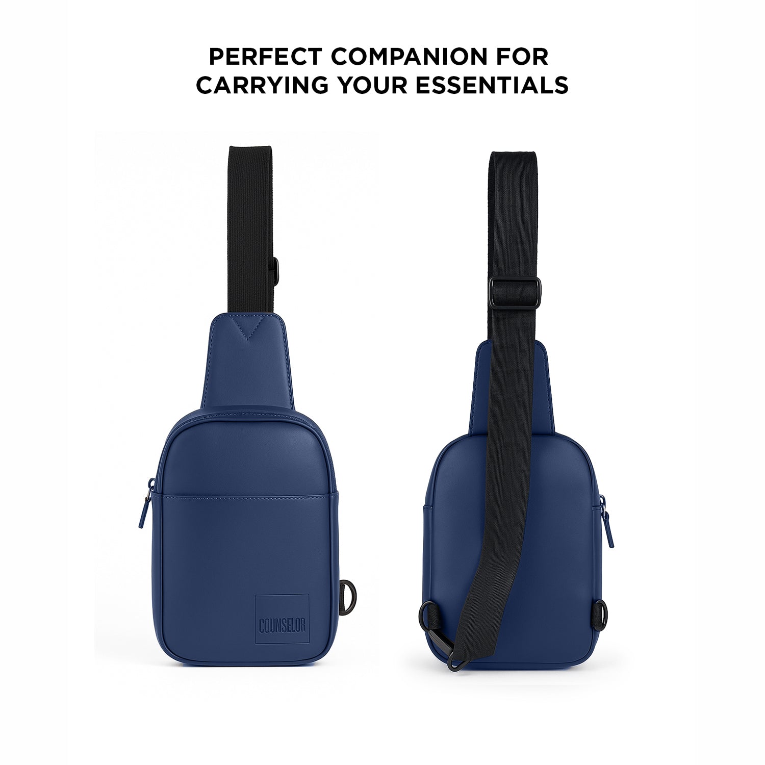 The Kiro Navy Crossbody Bag, stylish vegan leather, adjustable strap, perfect for carrying essentials.