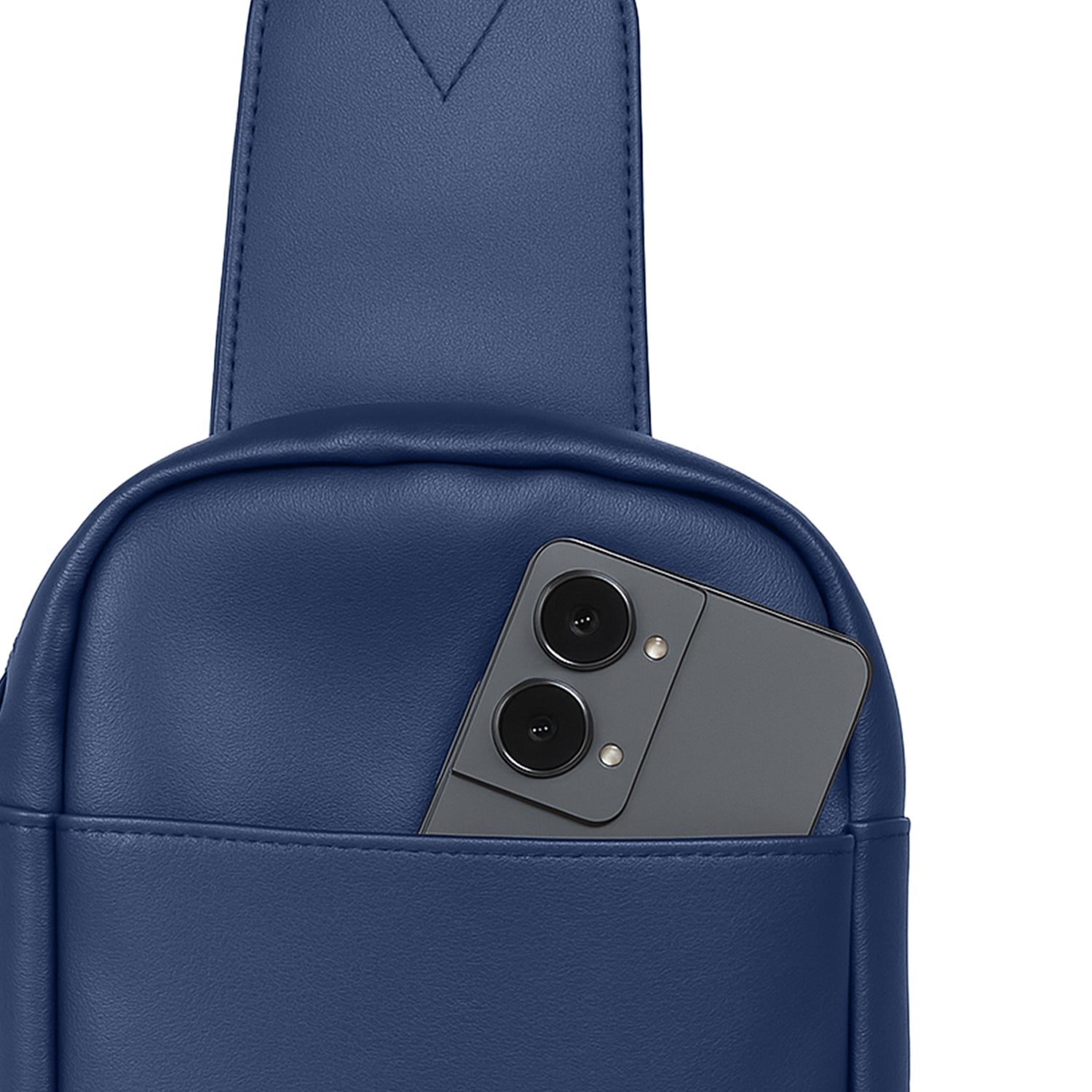 Navy crossbody bag with smartphone in front pocket for stylish and efficient organization.