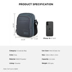 Grey crossbody bag dimensions showing 24cm height and 19cm width, alongside an iPhone 16 for scale.