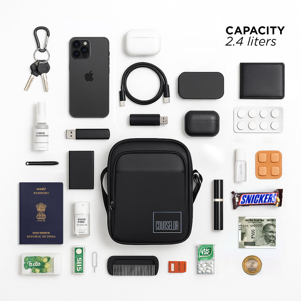 Flat lay of items in a black Luno bag showcasing 2.4-liter capacity, including phone, keys, and essentials for daily use.