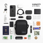Flat lay of items in a black Luno bag showcasing 2.4-liter capacity, including phone, keys, and essentials for daily use.