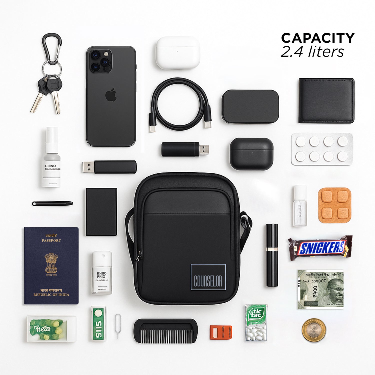 Flat lay of items in a black Luno bag showcasing 2.4-liter capacity, including phone, keys, and essentials for daily use.