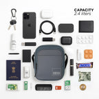 Stylish grey bag surrounded by essentials, showcasing 2.4 liters of organized space for daily use.