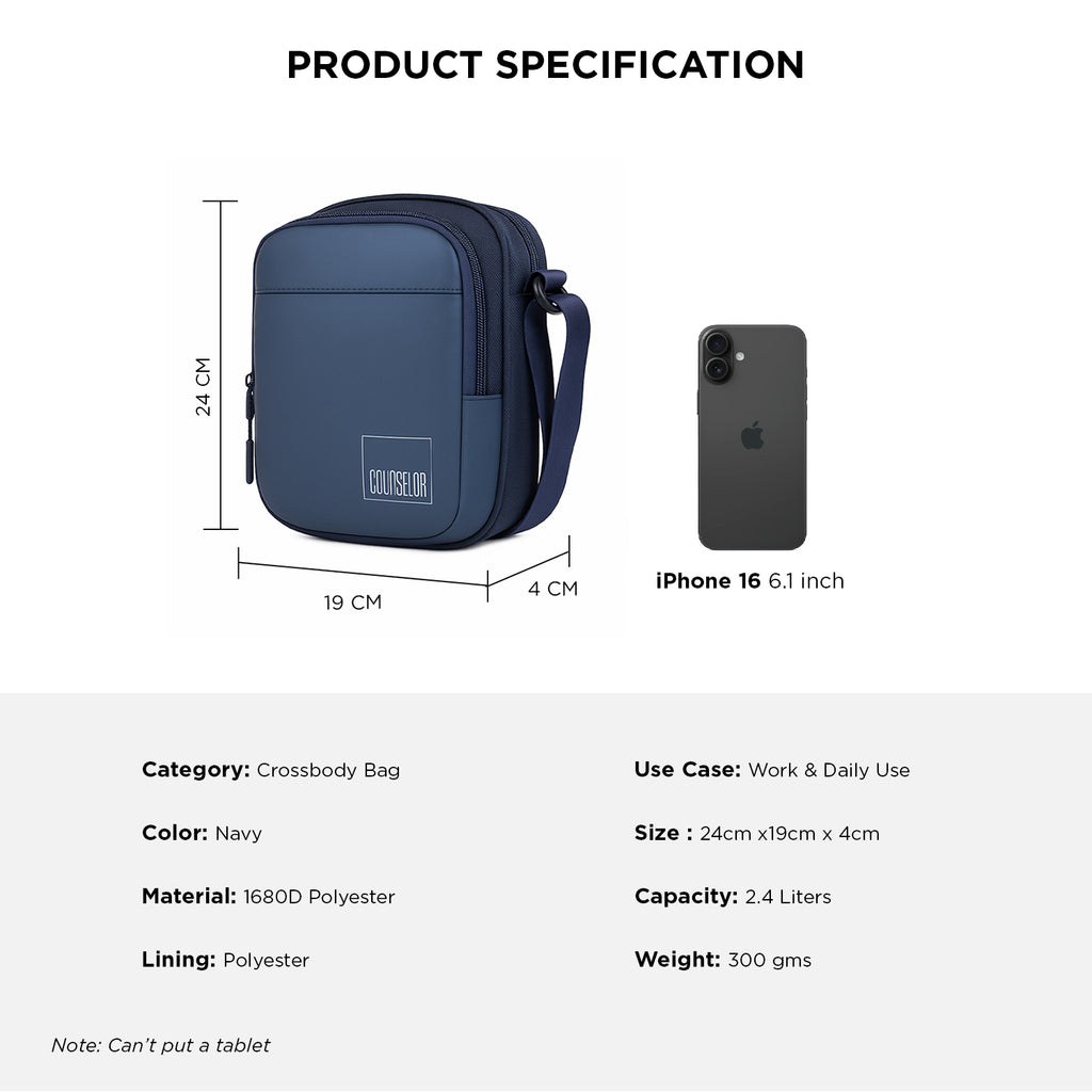 Navy crossbody bag specifications including size, material, capacity, and phone compatibility.