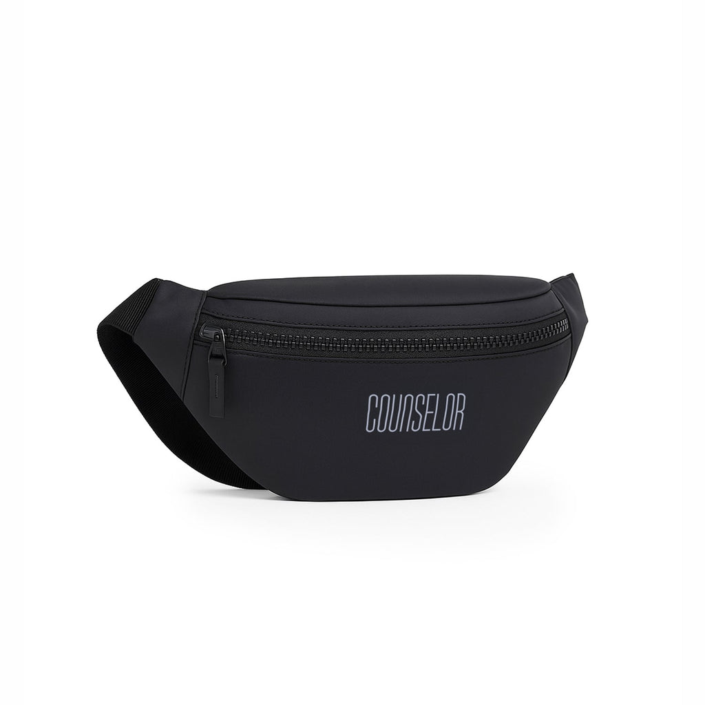 Black fanny pack with 'COUNSELOR' logo, featuring a zipper and sleek, modern design for everyday use.