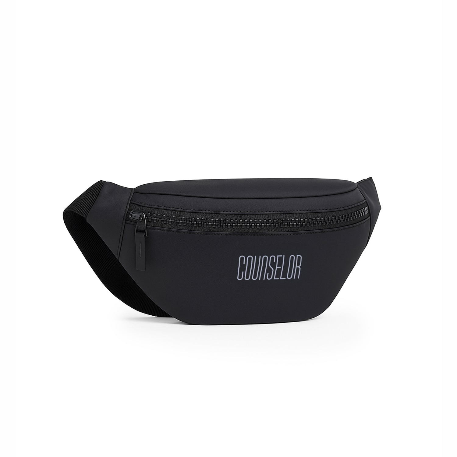 Black fanny pack with 'COUNSELOR' logo, featuring a zipper and sleek, modern design for everyday use.