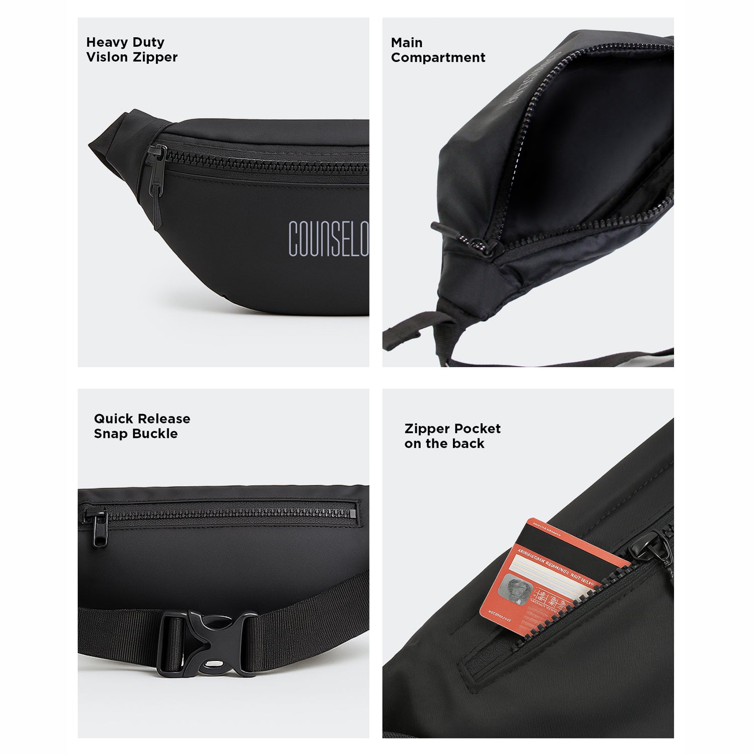 The Nexo Black Waist Pouch features a heavy-duty zipper, spacious main compartment, quick-release buckle, and a hidden back zip pocket.