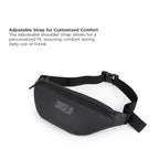 Black fanny pack with adjustable strap for a customized fit, perfect for travel and daily use.
