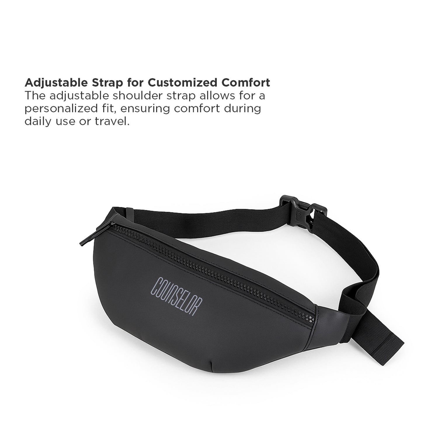 Black fanny pack with adjustable strap for a customized fit, perfect for travel and daily use.
