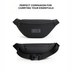 Black waist pouch with zipper and adjustable strap, perfect for carrying essentials on the go.