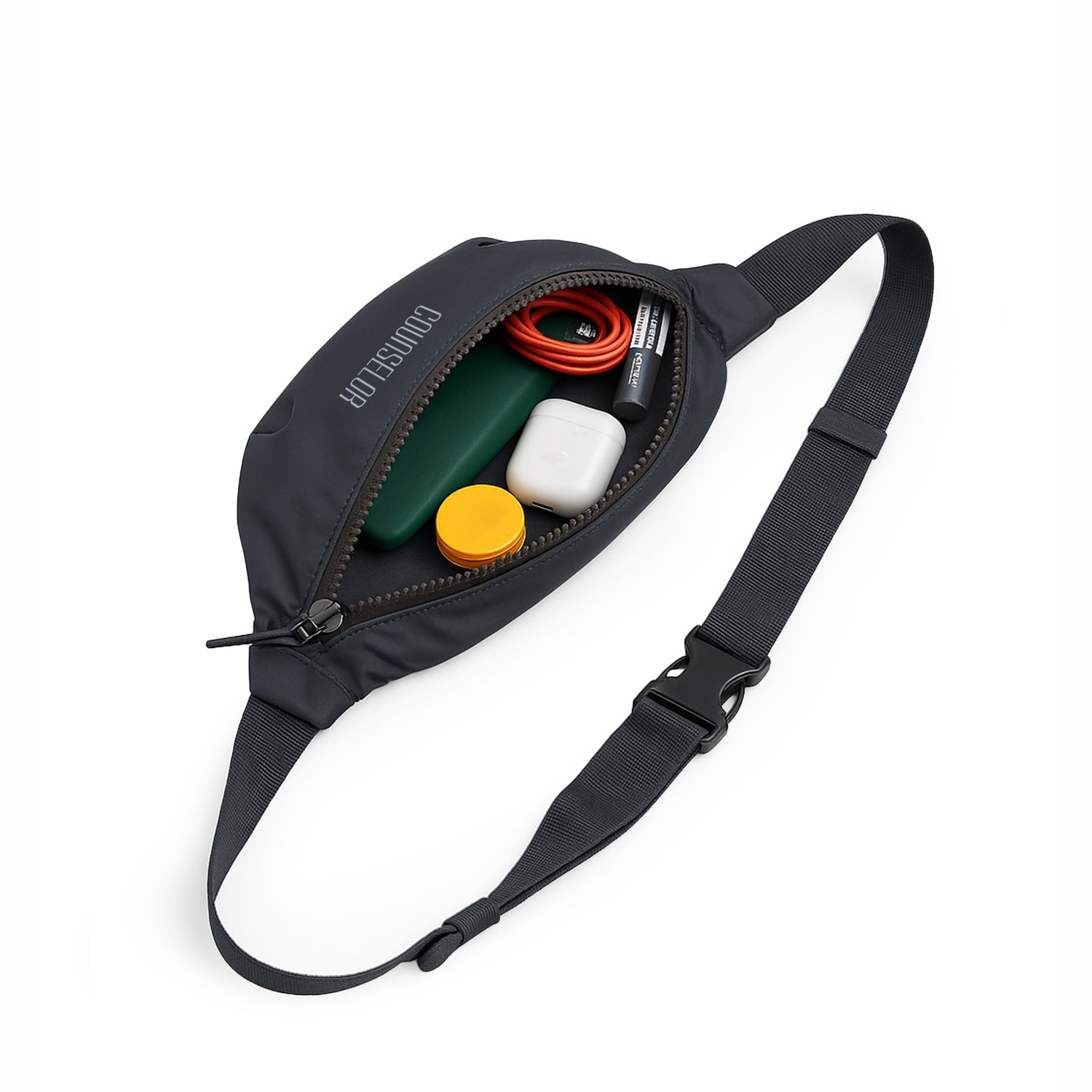 Black Nexo waist pouch opened to reveal organized interior with various personal items inside.