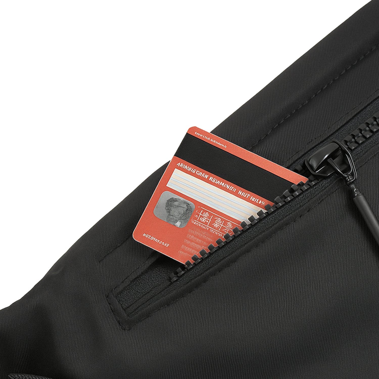 Close-up of the Nexo waist pouch showing a credit card in the hidden back zip pocket for secure storage.