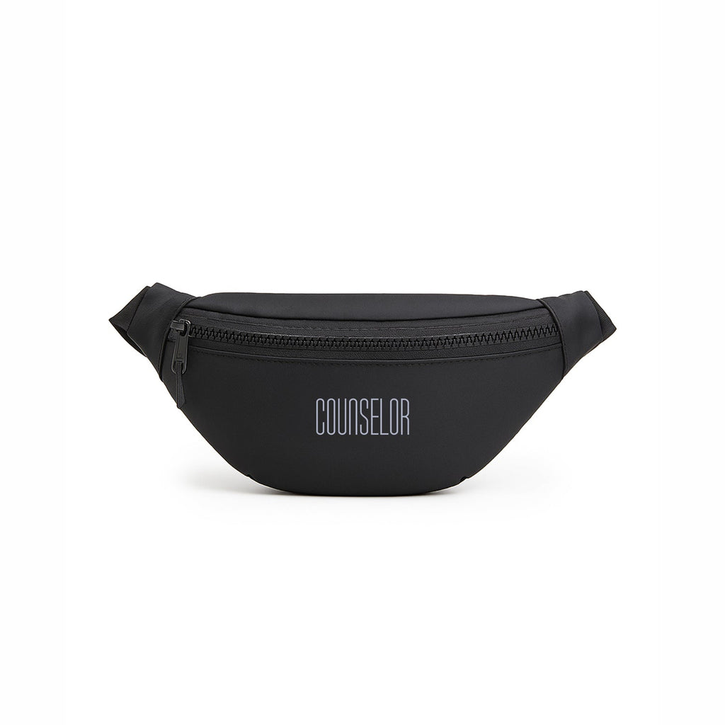 Black waist pouch featuring a sleek design and zip closure, perfect for everyday use and hands-free convenience.