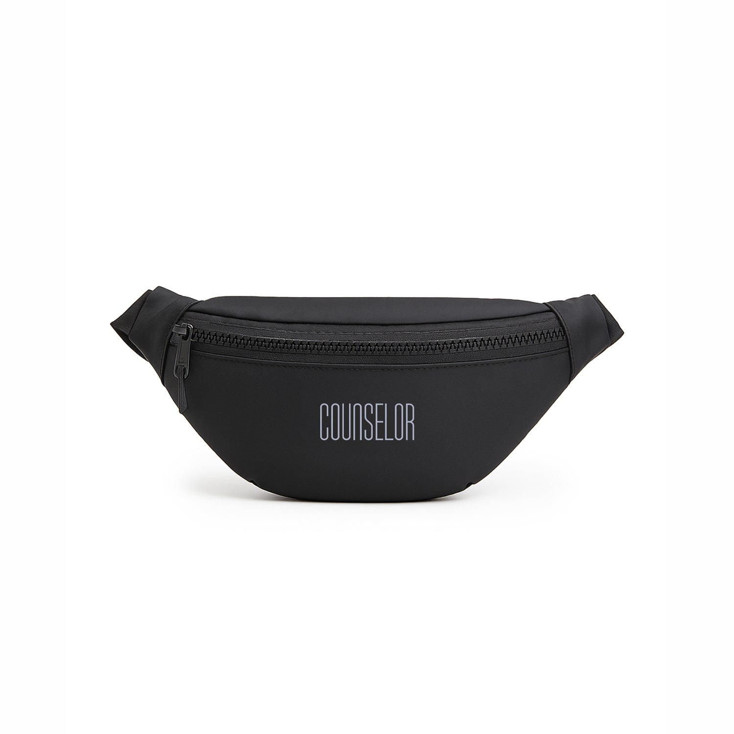 Black waist pouch featuring a sleek design and zip closure, perfect for everyday use and hands-free convenience.