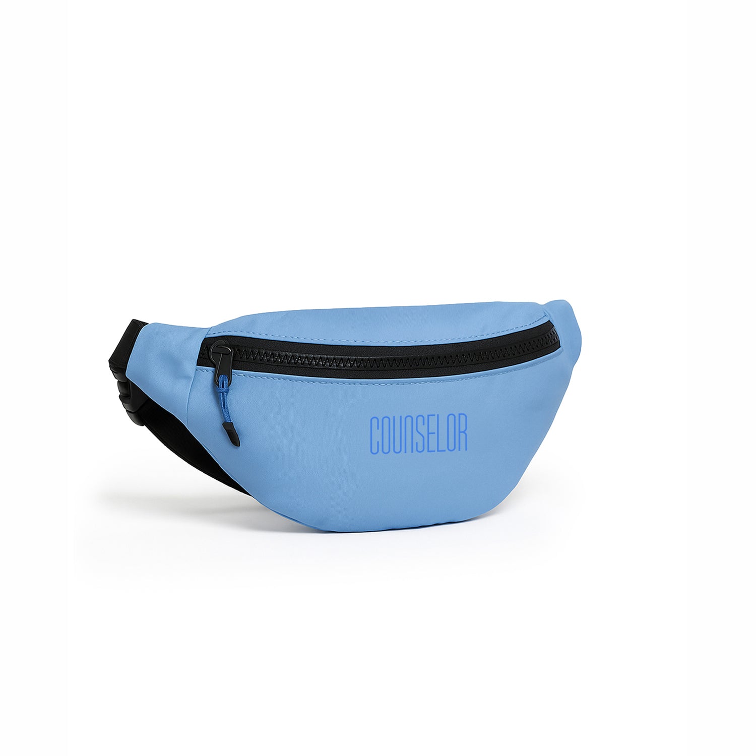 Sky blue Nexo waist pouch with black zipper, featuring 'COUNSELOR' text, ideal for everyday use and travel.