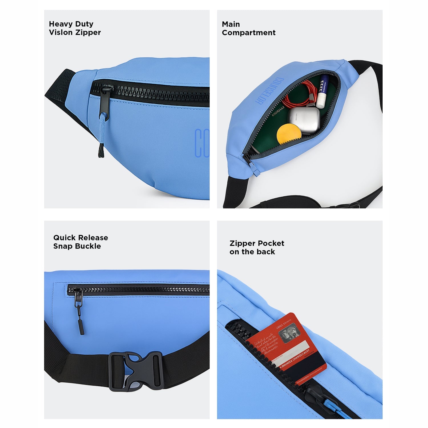 Collage showing features of the Sky Blue Nexo Waist Pouch: vision zipper, main compartment, quick-release buckle, and back zip pocket.